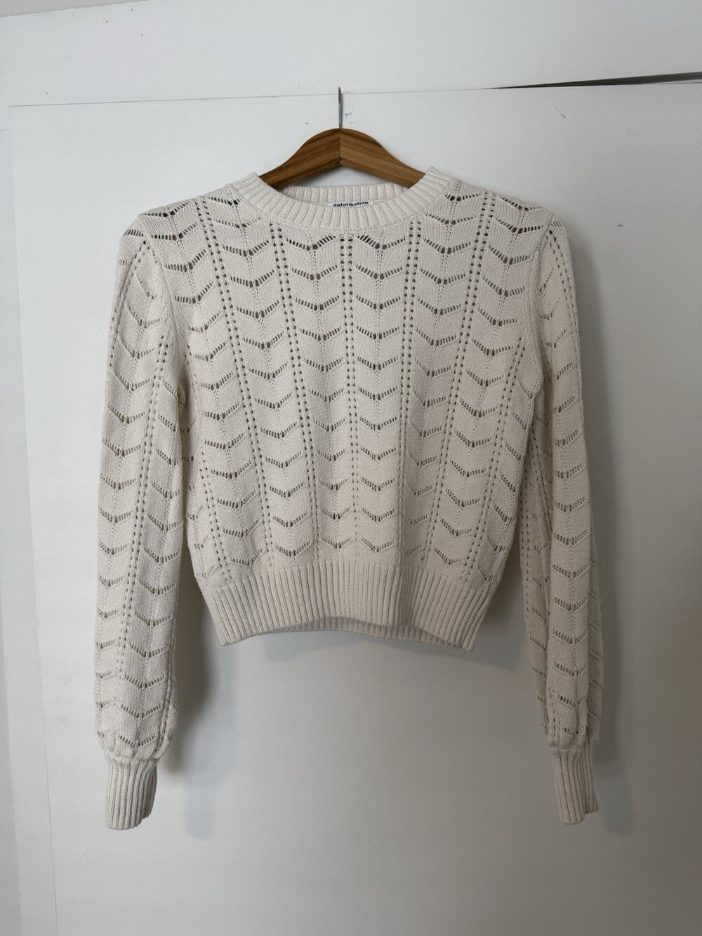 Reformation 100% Organic Cotton Pullover Sweater Ivory S Open-Knit Chevron